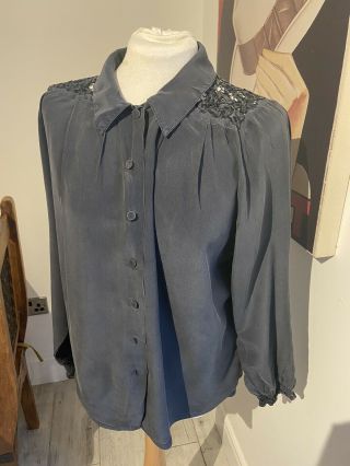 Vintage 80’s Grey Silk Lace Shoulder Wave Blouse Shirt Medium