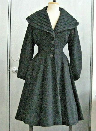 Vtg 1950s Lilli Ann Wool Swing Princess Coat Small Flared Black