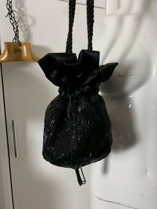Vintage Art Deco Style Beaded Black Silk Satin Bag Cara Wales Pouch Handbag