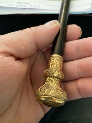 Antique Victorian Ebony Cane Walking Stick With Gold Filled Engraved Handle