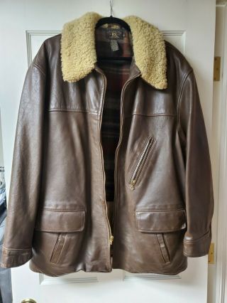 Vintage Rrl Brown Leather Jacket With Shearling Collar / Wool Plaid Lining Szxl