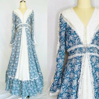 Vintage 70s Gunne Sax Prairie Peasant Dress Size L Large Blue Floral Lace Corset