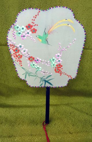 Vtg Chinese Silk Hand Painted Bird Flowers Paddle Fan Bamboo Handle Collectible