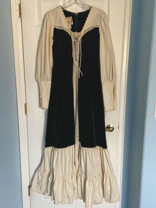 Vtg Gunne Sax 70s Prairie Romantic Gypsy Lace Velvet Prairie Puff Sleeve Dress