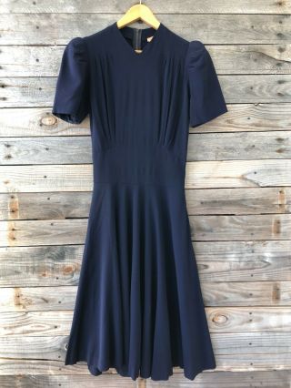 Vintage Navy Blue Short Sleeve Dress With Tie Belt - Chest 34 " Length 45 "