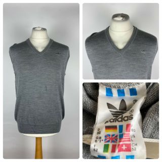 Vintage 1980s Adidas Mens Grey Sleeveless Vest Top Jumper Medium Pure Wool