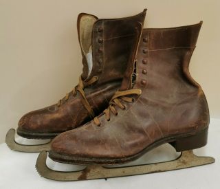 Vintage Brown Leather Ice Skates Skating Boots Unknown Size (d4)