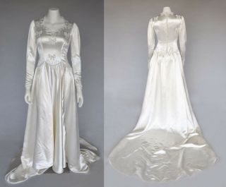 Vtg 40s 1940s Ivory Slipper Satin Beaded Bows Wedding Gown Long Sleeves Xs/s