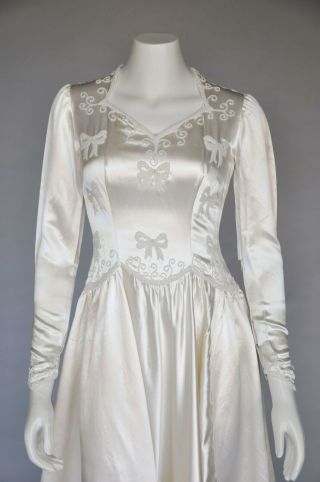 VTG 40s 1940s Ivory Slipper Satin Beaded Bows Wedding Gown Long Sleeves XS/S 3