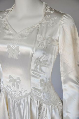 VTG 40s 1940s Ivory Slipper Satin Beaded Bows Wedding Gown Long Sleeves XS/S 4