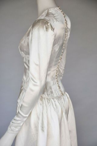 VTG 40s 1940s Ivory Slipper Satin Beaded Bows Wedding Gown Long Sleeves XS/S 5