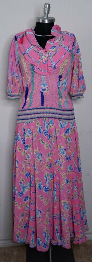 Vtg Diane Freis 80s Pink Floral Print Knit Pleated Midi Georgette Dress Size S/m