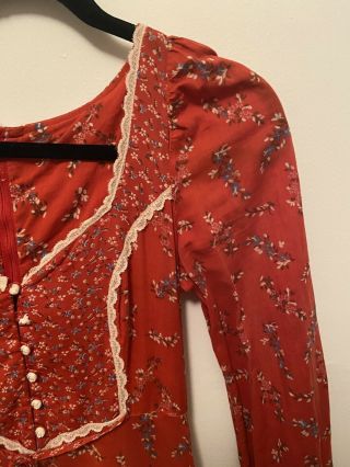 GUNNE SAX VTG 1970S Red Floral Print Lace Red Midi Prairie Lace Boho Dress L 2
