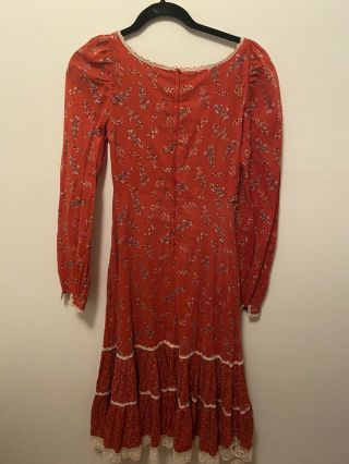 GUNNE SAX VTG 1970S Red Floral Print Lace Red Midi Prairie Lace Boho Dress L 5