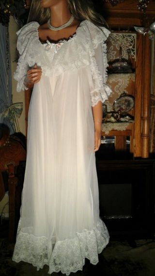 Vtg Plus Sz 2x 3x White Bridal Sheer Chiffon Peignoir Negligee Gown Robe Set