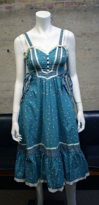 Vintage Gunne Sax Calico Turquoise Dress Prairie Pockets Straps Rare Color