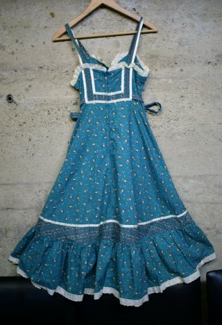 Vintage Gunne Sax Calico turquoise dress prairie POCKETS straps rare color 5