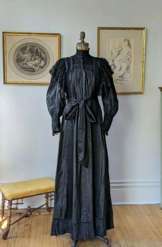Antique Victorian Dress Robe 1890s Raw Silk Lace Puff Sleeve Mourning Dress