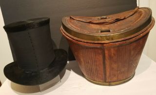 Antique Victorian Top Hat & Leather Tooled & Brass Hat Box.  1861 Ny.  Nr