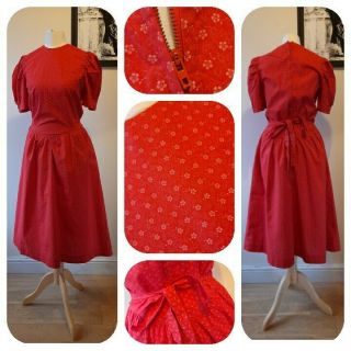 1950s 60s Vintage Red Cotton Floral Print Dress Sz 10 12 S/m