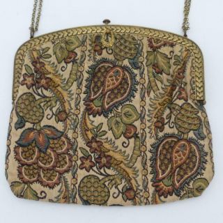 Antique Tapestry Evening Bag With Gilt Metal Frame And Chain Handle