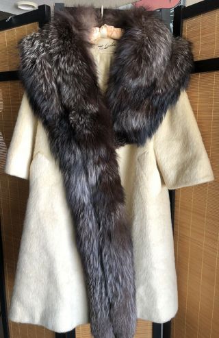 Vintage Lilli Ann Tisse A Paris Ivory Mohair Wool Coat Large Fox Fur Collar L/xl