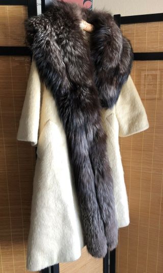 Vintage Lilli Ann Tisse A Paris Ivory Mohair Wool Coat Large Fox Fur Collar L/XL 2