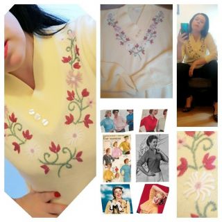 Cute 80s Do 40s 50s Rockabilly Lemon Yellow Floral Sweater Top Jumper Sz Medium