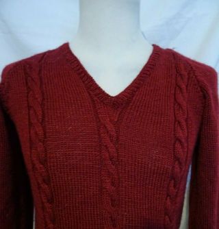 Vintage 50s French Burgundy Hand Knit V Neck Sweater Jersey Jumper
