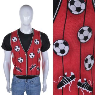 Vtg Football Knitted Waistcoat S 38 Novelty Soccer Sweater Vest Jumper Sweater
