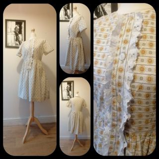 Lovely 1940s Cream Orange Geometric Vintage Cotton Day Dress Sz 10 12