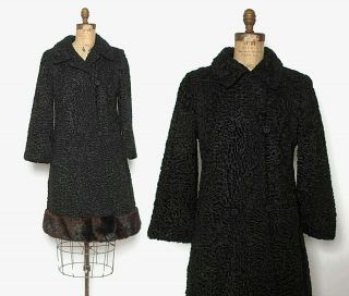 Vtg 60s Black Persian Lamb & Mahogany Mink Fur Princess Stroller Coat
