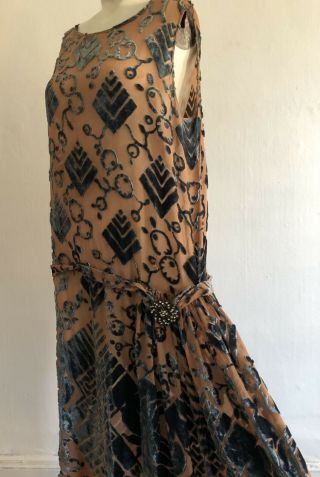 Antique 1920s Devoré Silk Velvet Flapper Dress Art Deco Abstract Rhinestone Vtg