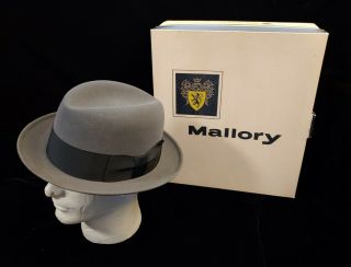 Vintage 1950s Mallory Fifteen Fedora Gray Hat Black Band 7 1/2 Box Euc