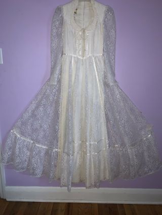 Vtg Gunne Sax Dress 1970s Maxi Corset White & Blue Lace Tiered Sz 7 Boho Wedding 6