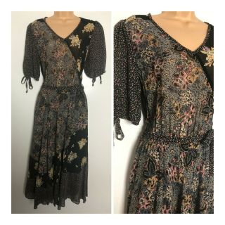 Vintage 80s Black Floral Contrast Print Short Sleeve Belted Midi Day Dress 12