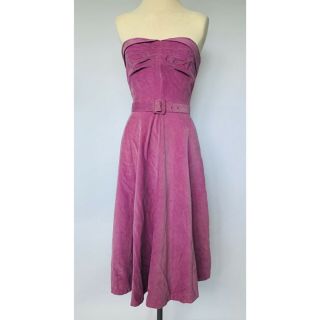 Vintage 50s Pink Corduroy Pin Up Strapless Party Belted Sun Dress Xs 24” Waist