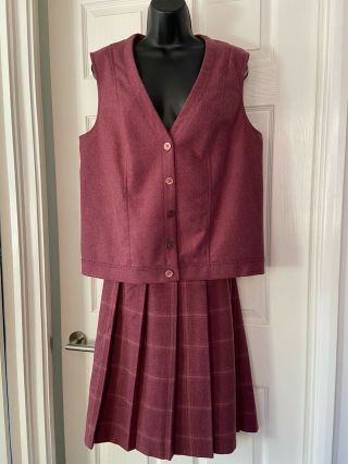 Eastex Vintage Burgundy Wool Blend Gilet & Pleated Skirt Size 16 Skirt Waist 32