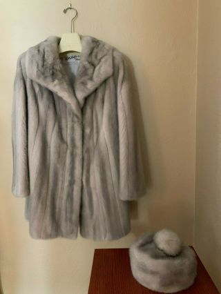 Vintage Silver/gray Mink Car - Length Coat With Matching Pill - Box Hat