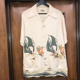 Vintage 1940’s “mcgregor” Sailboat Pattern Back Panel Rayon Hawaiian Shirt - M