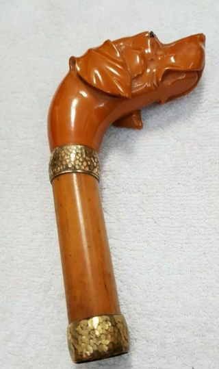 Antique Carved Amber Bakelite Dog Head Umbrella Handle Top Cane