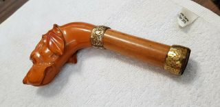 Antique Carved amber Bakelite dog head umbrella handle top cane 5