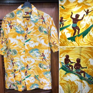 Vintage 1940’s Cartoon Surf Natives Pattern Rayon Hawaiian Shirt - - L