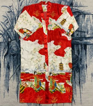 Vtg Kimono Japanese Geisha Art 80s 90s Lotus Red Xl Lightweight