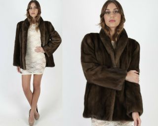 Vintage 80s Dark Brown Mink Coat Real Fur Shawl Collar Waistcoat Stroller Jacket