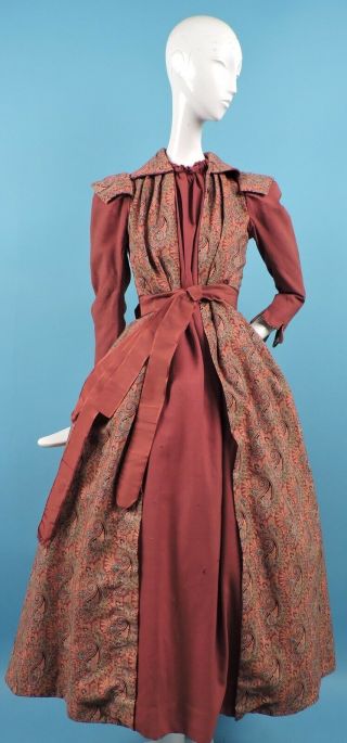 Victorian 1880’s Paisley Print Wrapper Dress W Silk Belting & Bows
