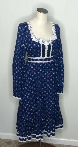 Vtg Gunne Sax Blue Calico Floral Midi Dress Long Prairie Boho 70s Women 