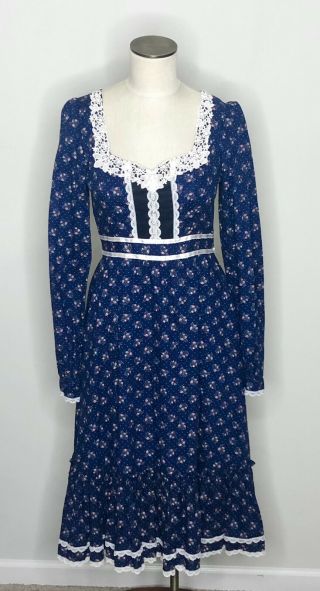 Vtg Gunne Sax Blue Calico Floral Midi Dress Long Prairie Boho 70s Women ' s Sz 4 2