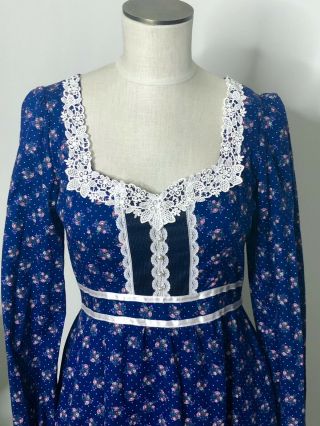 Vtg Gunne Sax Blue Calico Floral Midi Dress Long Prairie Boho 70s Women ' s Sz 4 6