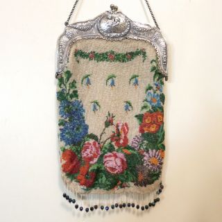Vintage Antique Purse Micro Beaded Bag Handbag Floral Cherubs Fabulous Frame